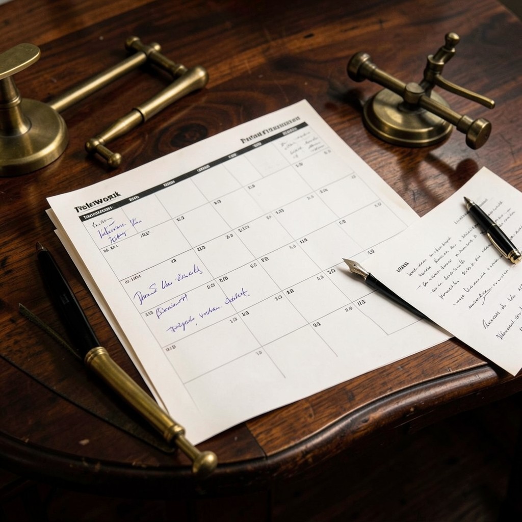 Mesa de trabajo con acuerdo de teletrabajo, calendario semanal y estilográfica sobre madera oscura