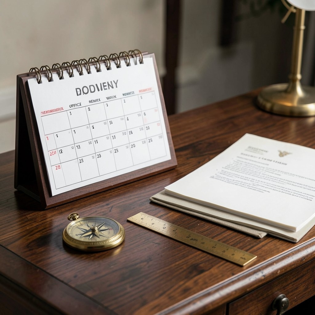 Calendario laboral con días presenciales marcados junto a documentos contractuales en ambiente de despacho clásico